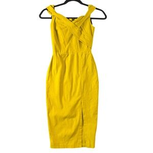 Vesper Yellow Midi Sheath Dress 6 Sleeveless Front Zip Slit Fitted Cocktail Chic